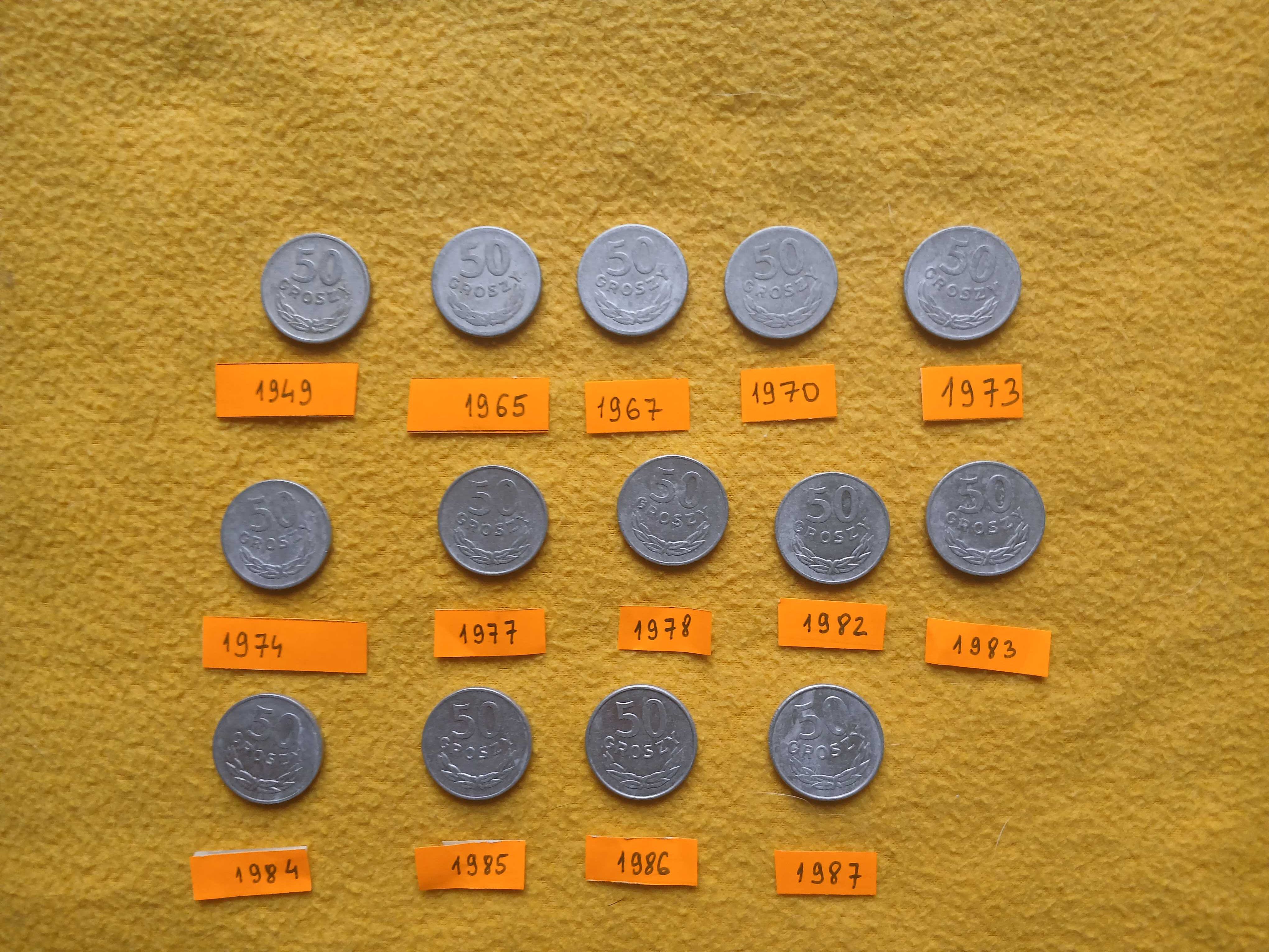 50 gr z lat 1949 do 1987 z PRL 14 sztuk (3 monety bez znaku mennicy)