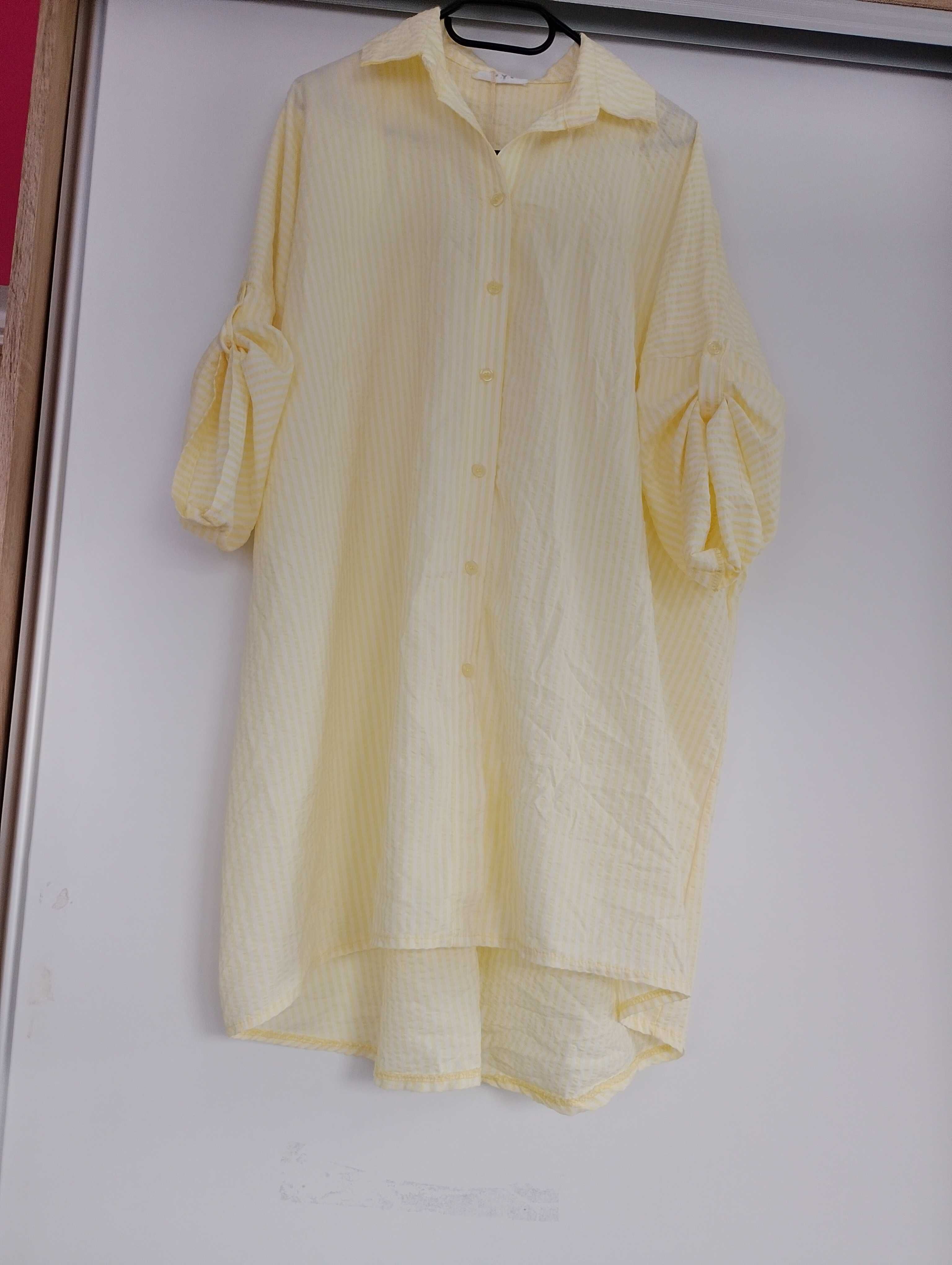 Piękna Nowa koszula oversize plus size w pasy żółto biała