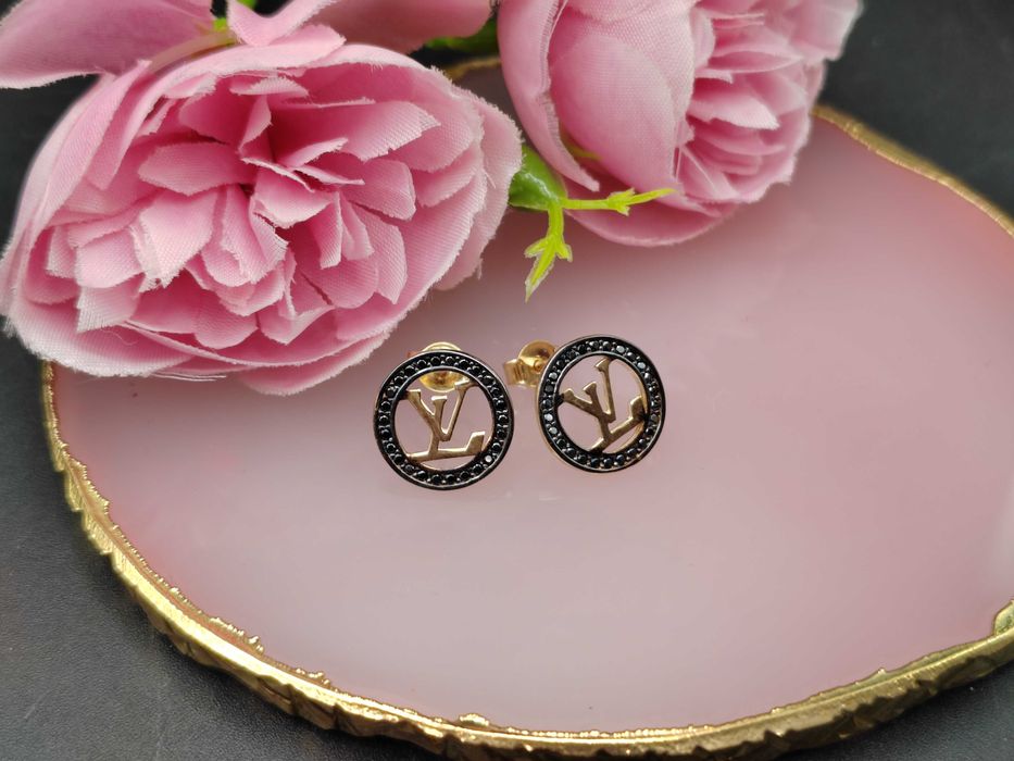 NOWE Złote Kolczyki LV Czarne / Złoto 585