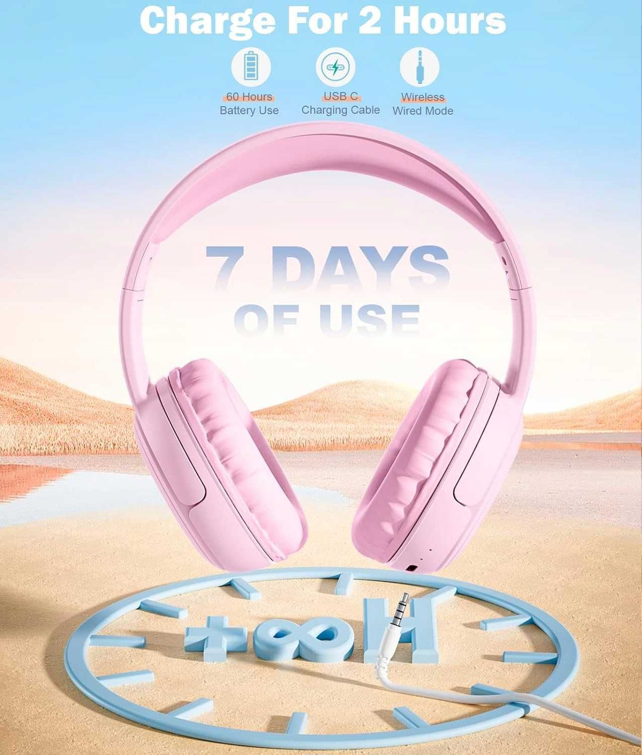 Słuchawki Bluetooth dla dzieci ograniczenie 85/93 dB BT 5.1 RÓŻ [2195]