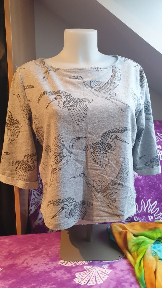 Bawełniana bluzka damska S H&M czapla szara 3/4 rękaw