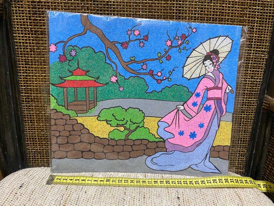 Готовая картина японская девушка с блестками 30х20 см гравюра тигры