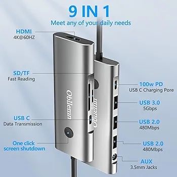 Adapter USB C Hub Multiport 9 w 1 USB 3.0 2x USB 2.0, 4K-60Hz PD SD TF