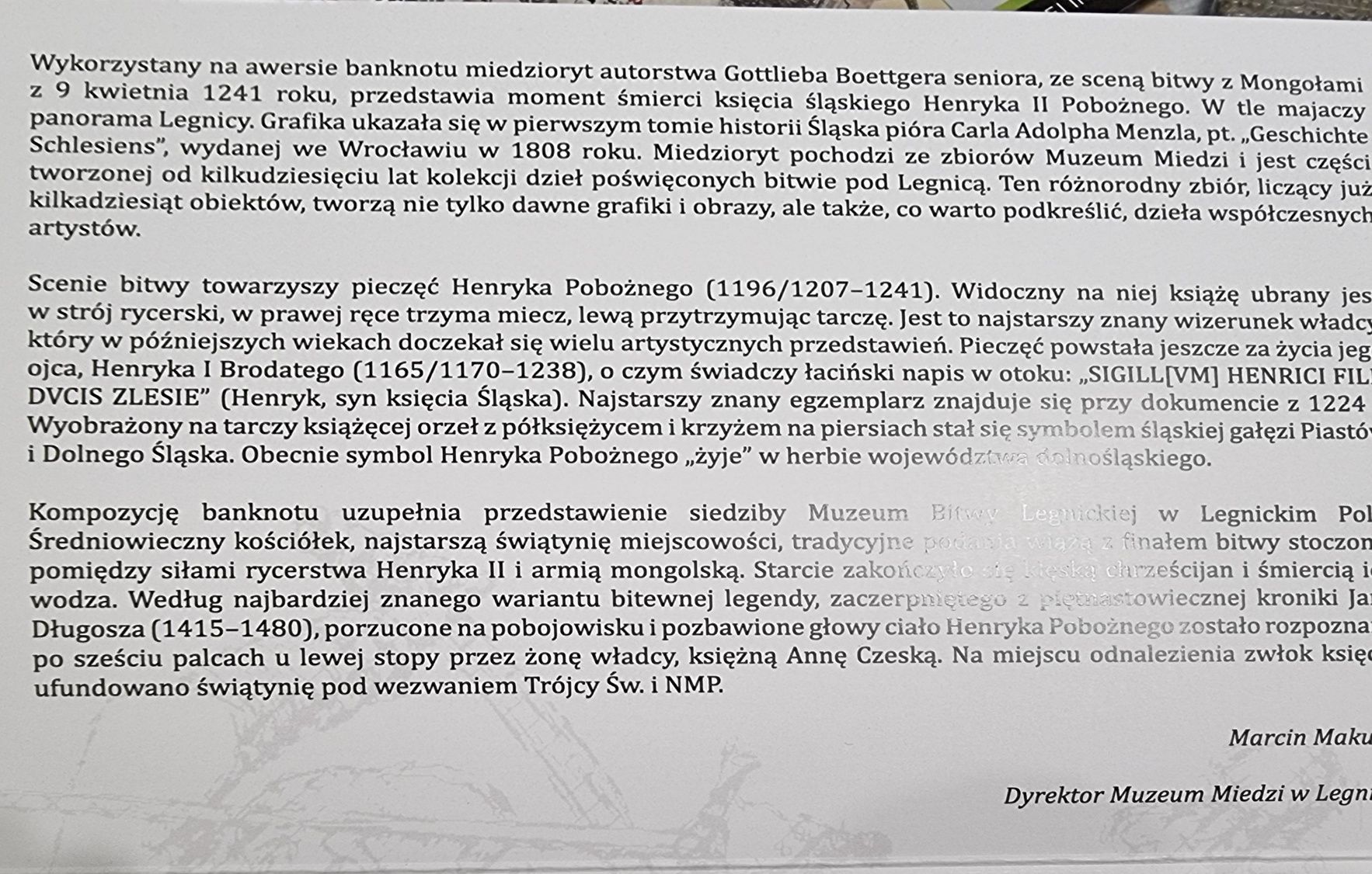 Banknot 0 euro 780 rocznica bitwy pod Legnicą w wersji z folderem