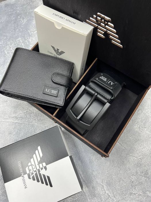 Мужской ремень+портмоне из кожи в деревянном боксе на подарок