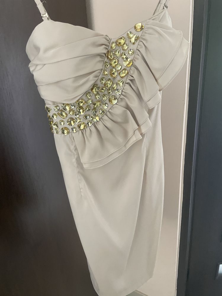 Sukienka na wesele chrzciny beżowa kryształki wizytowa elegancka S,M