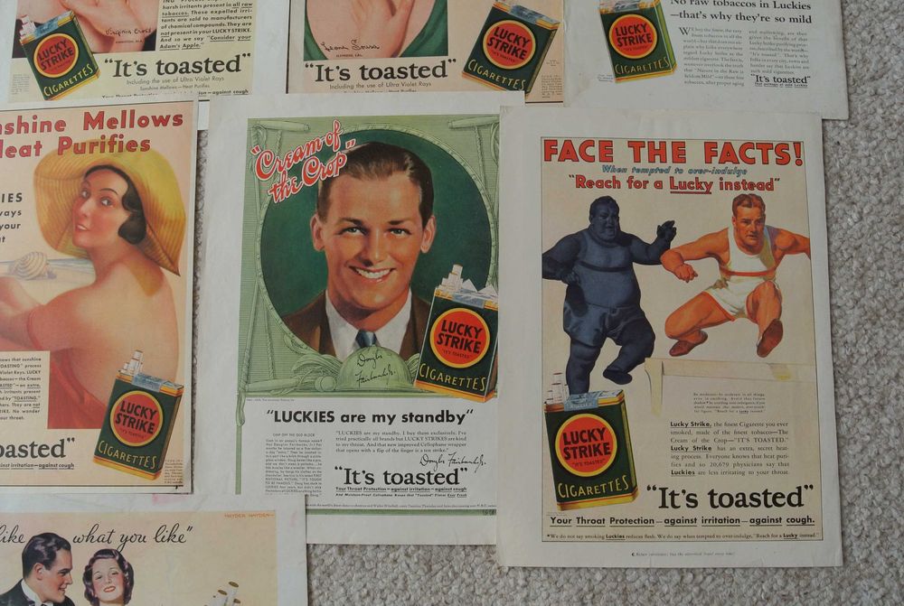 9 reklam prasowych VINTAGE LUCKY STRIKE z lat 1930-33