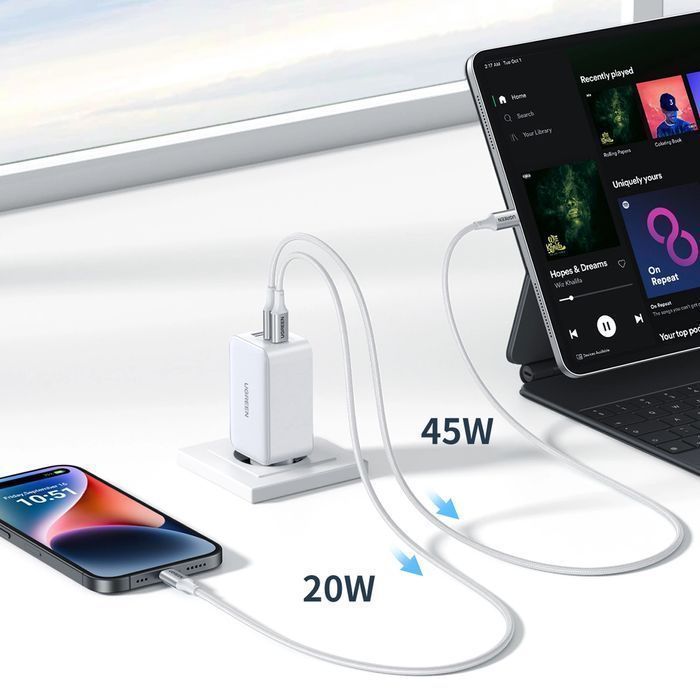 Szybka ładowarka sieciowa GaN Ugreen CD244 65W USB-A / 2x USB-C biała