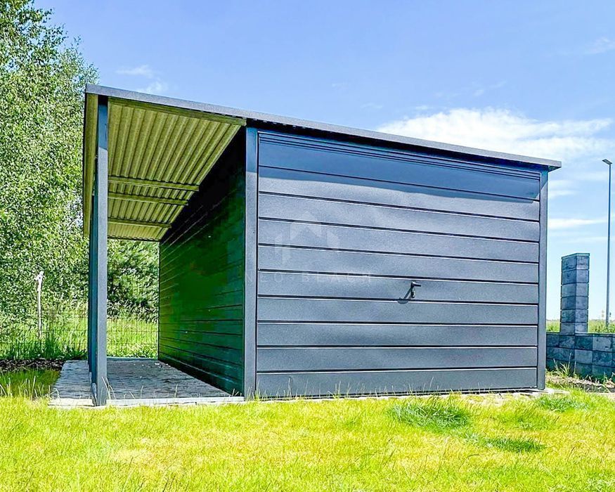 Garaż Blaszany 3X5M + Wiata 1X5M Brama Uchylna Antracyt Nb203