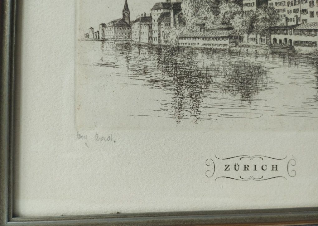 Stara grafika w ramie akwaforta Zurych Zurich