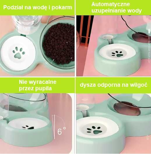 3w1 Miska dla Kota, Zestaw 3 elementów, z automatyczną butelką na wodę