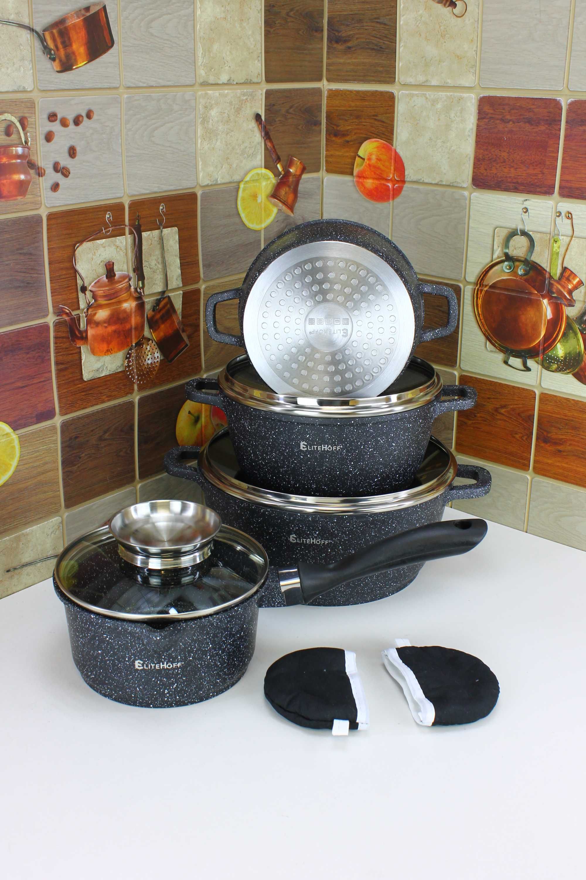 Solidne Garnki. Komplet czarnych Marmurowych Garnków Elitehoff 7058