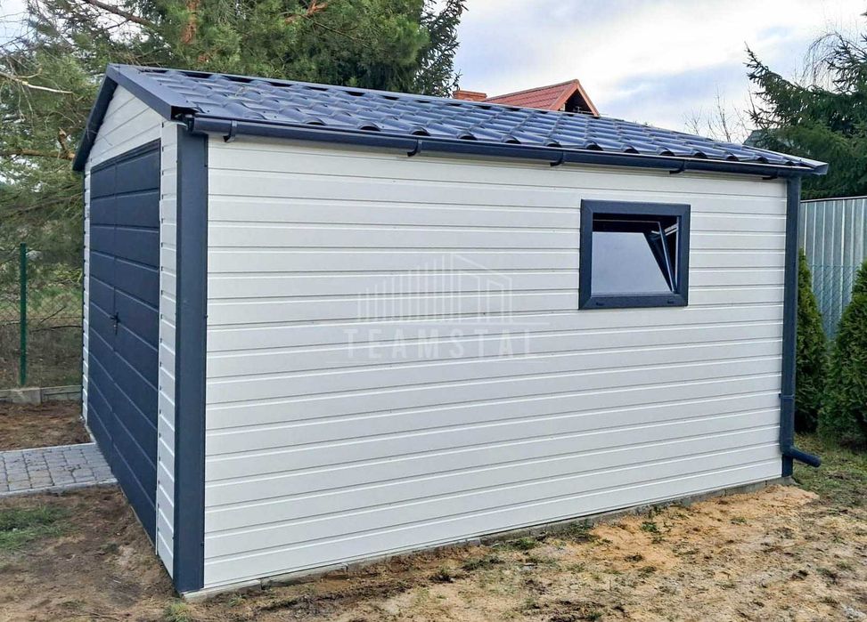 Garaż blaszany 4x4m Brama 2x Okno rynny blachodachówka Dach TS1076