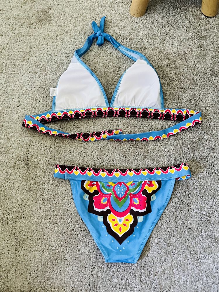 Błękitne bikini boho, kostium kąpielowy boho S