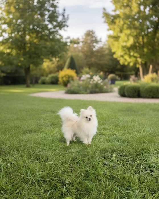 Szpic miniaturowy pomeranian biały pies
