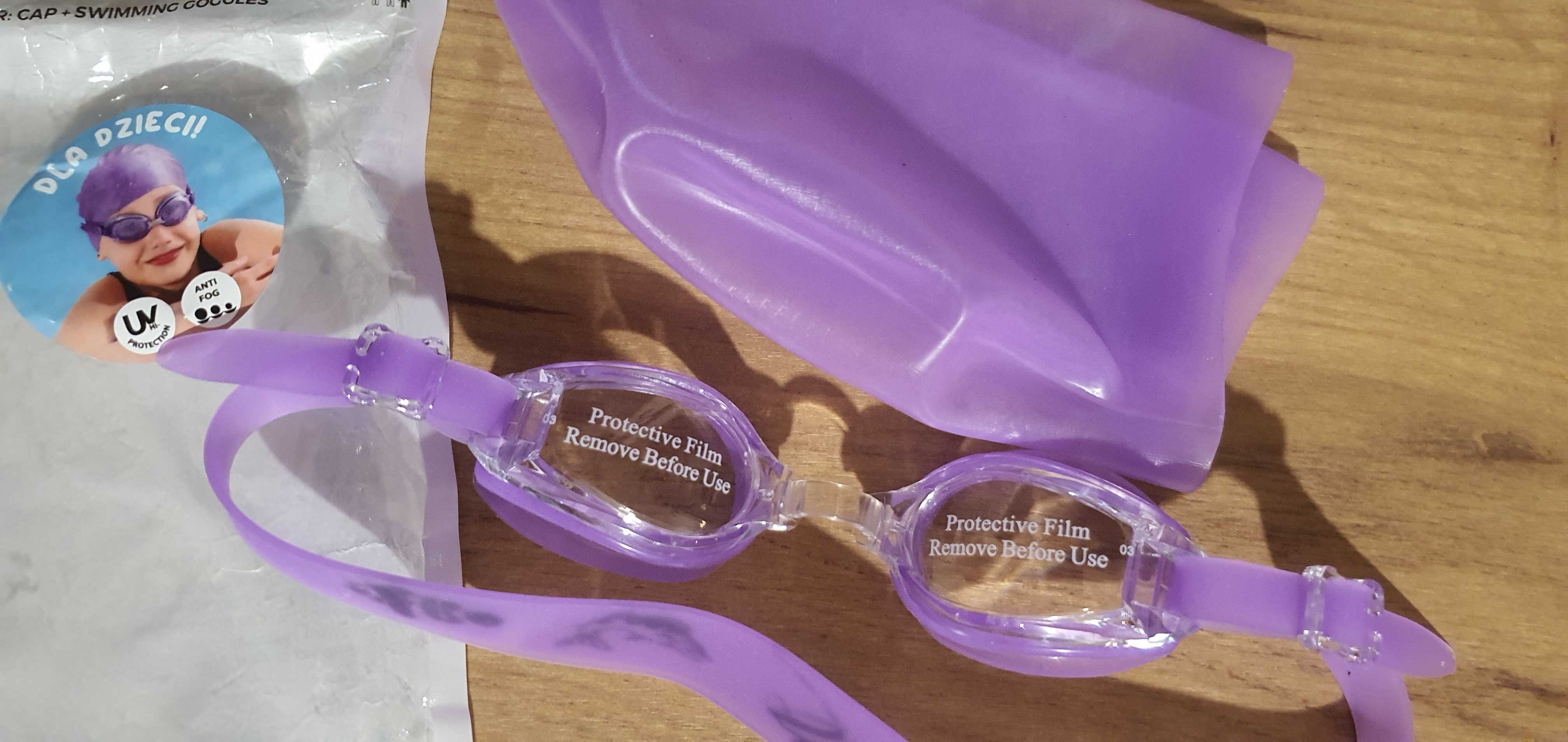 Nowy zestaw okulary pływackie + czepek fioletowy antifog Spokey