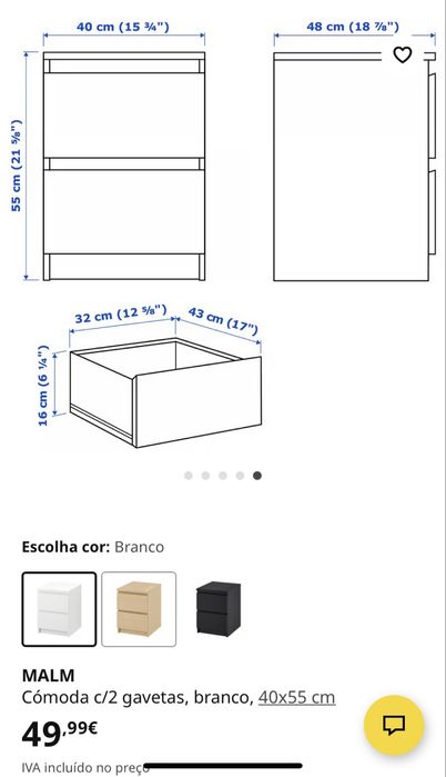Comoda 2 gavetas Branco - MALM