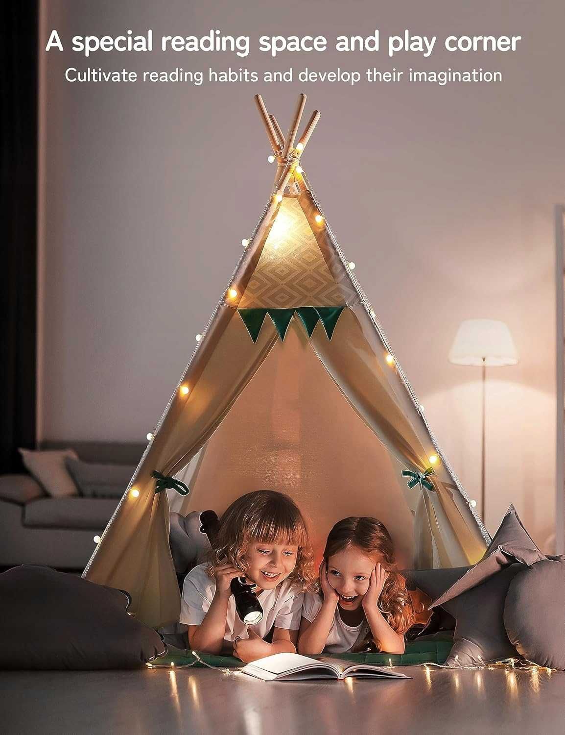 TIPI Namiot dziecięcy z matą i lampkami domek do zabawy dekoracja SB4