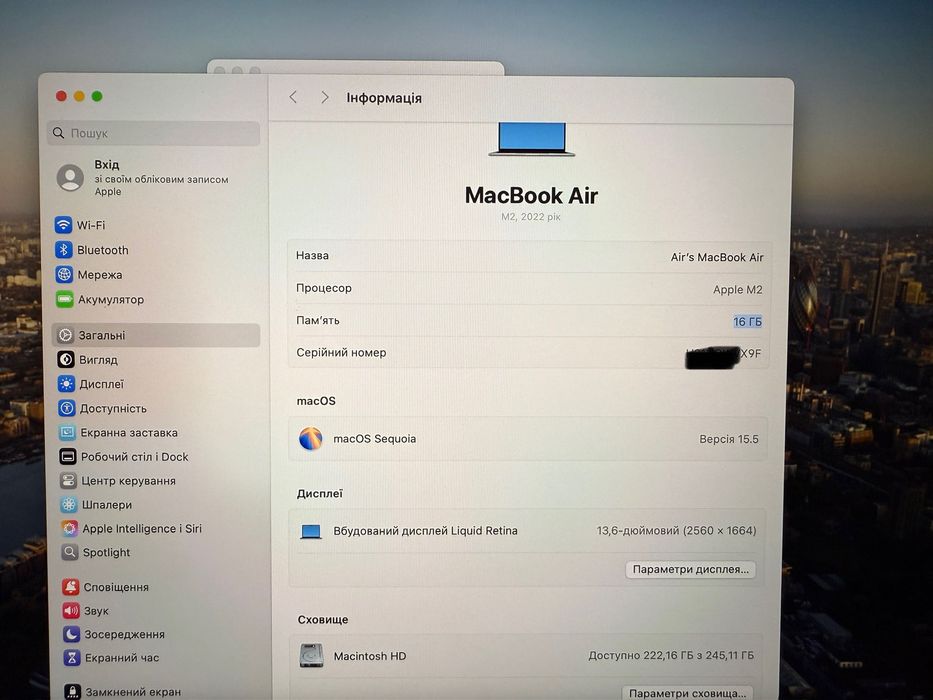 Макбук Apple MacBook Air 13,6” 2022 року M2 16gb 256gb SSD Space Grey