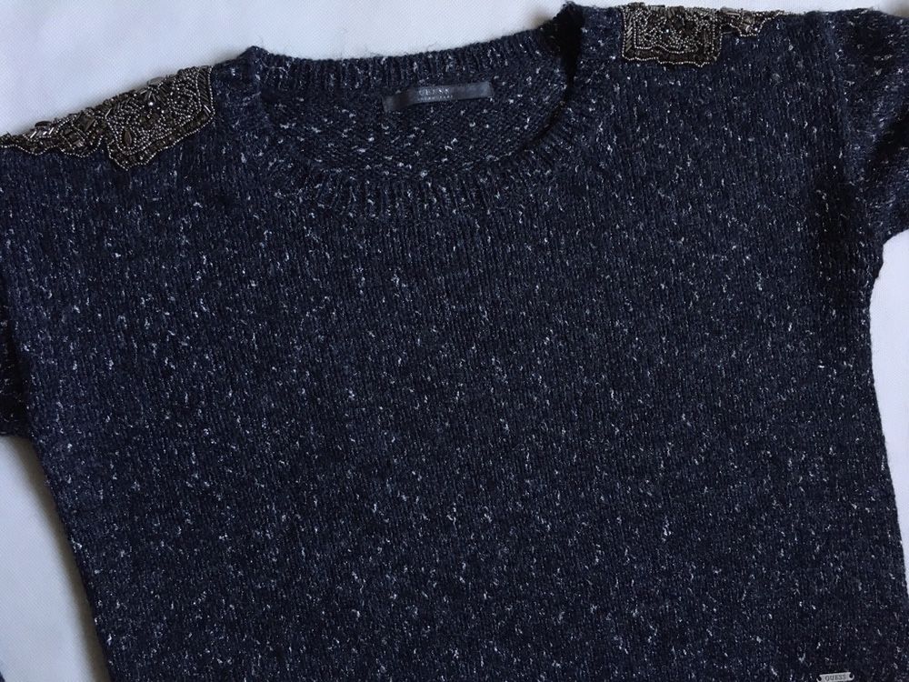 Guess sweter granatowo-srebrny regular L XL 40/42 wełna pagony oversiz
