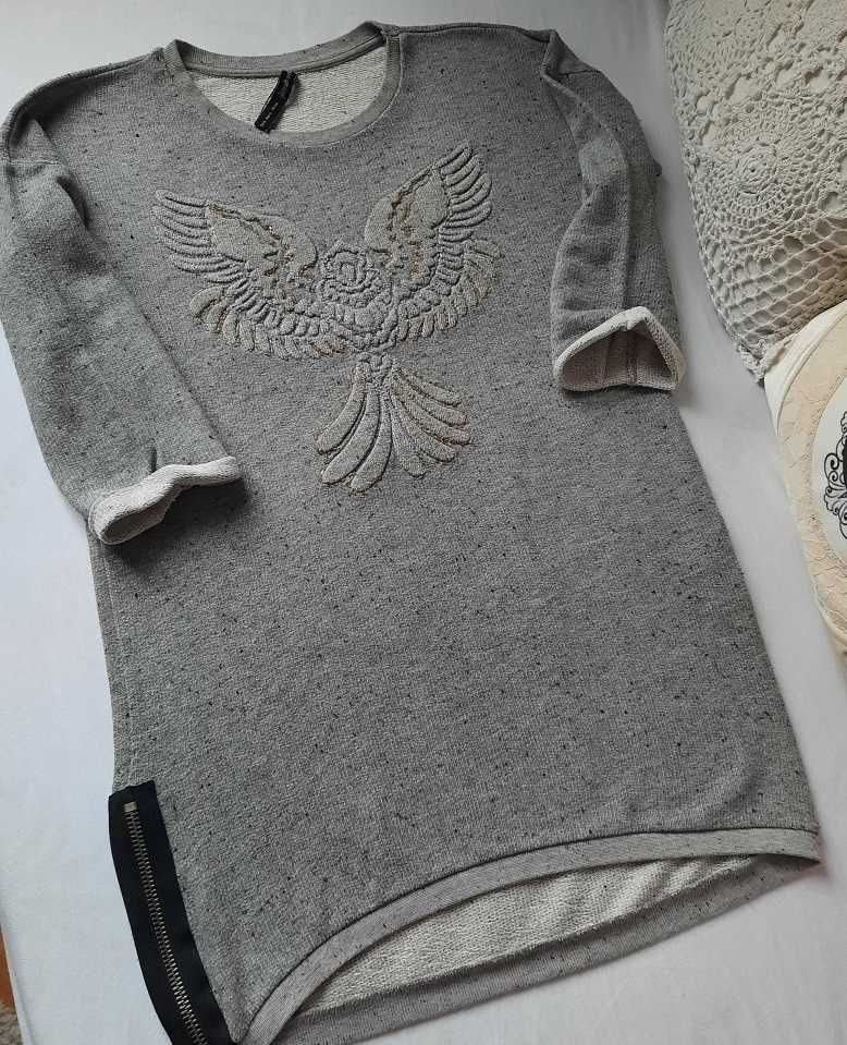 Stradivarius super tunika tłoczony ptak ciepła długa szara bluza S S/M