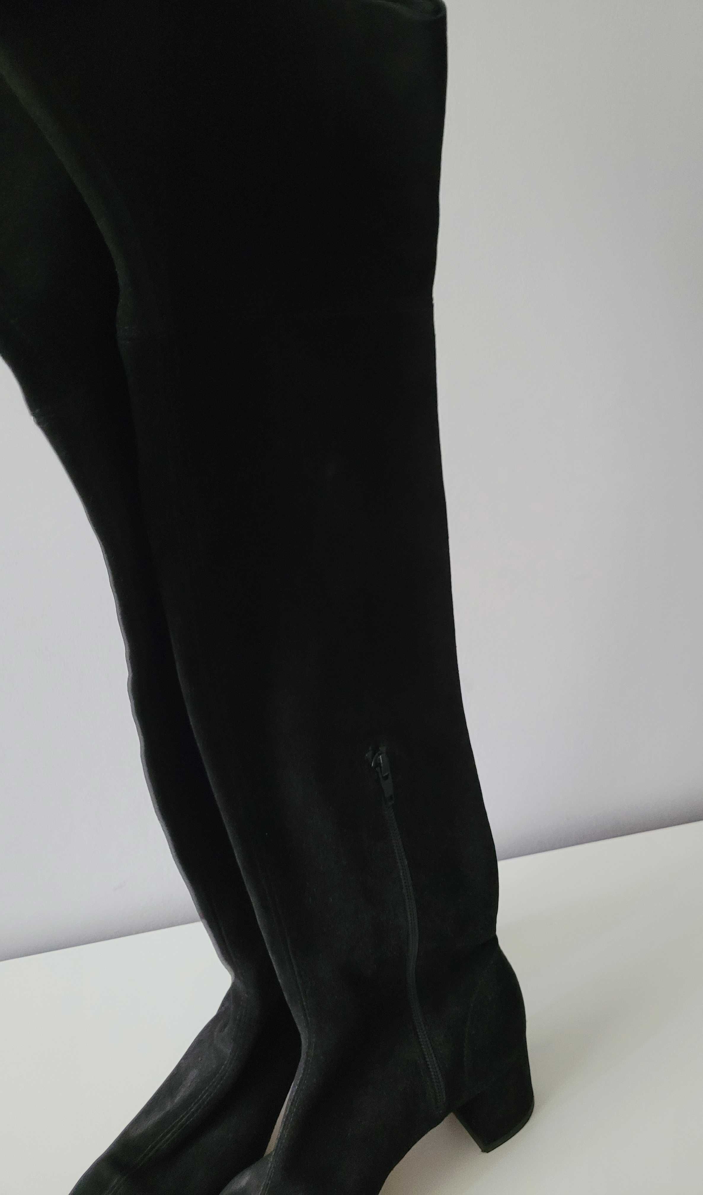 Topshop czarne kozaki muszkieterki na obcasie zamsz zamszowe skóra 38