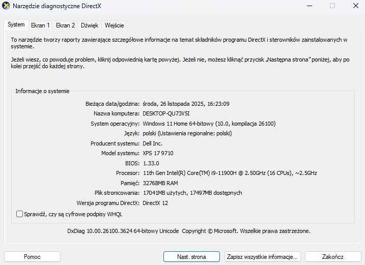 Laptop Dell XPS 17 cali, Intel i9, RTX3060 6GB, 32GB