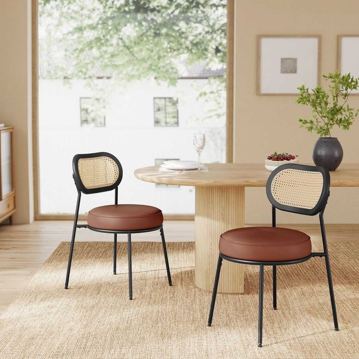 Krzesła 2 szt. rattan skóra boho 120 kg brązowe