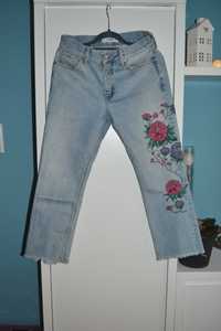 Spodnie jeansy mango XS 34 haft kwiaty mom jeans straight