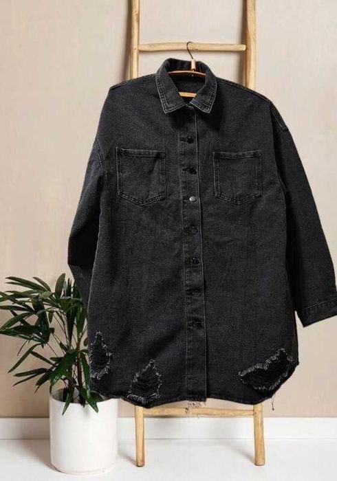 Джинсовый удлиненный пиджак-куртка оверсайз Shein графит