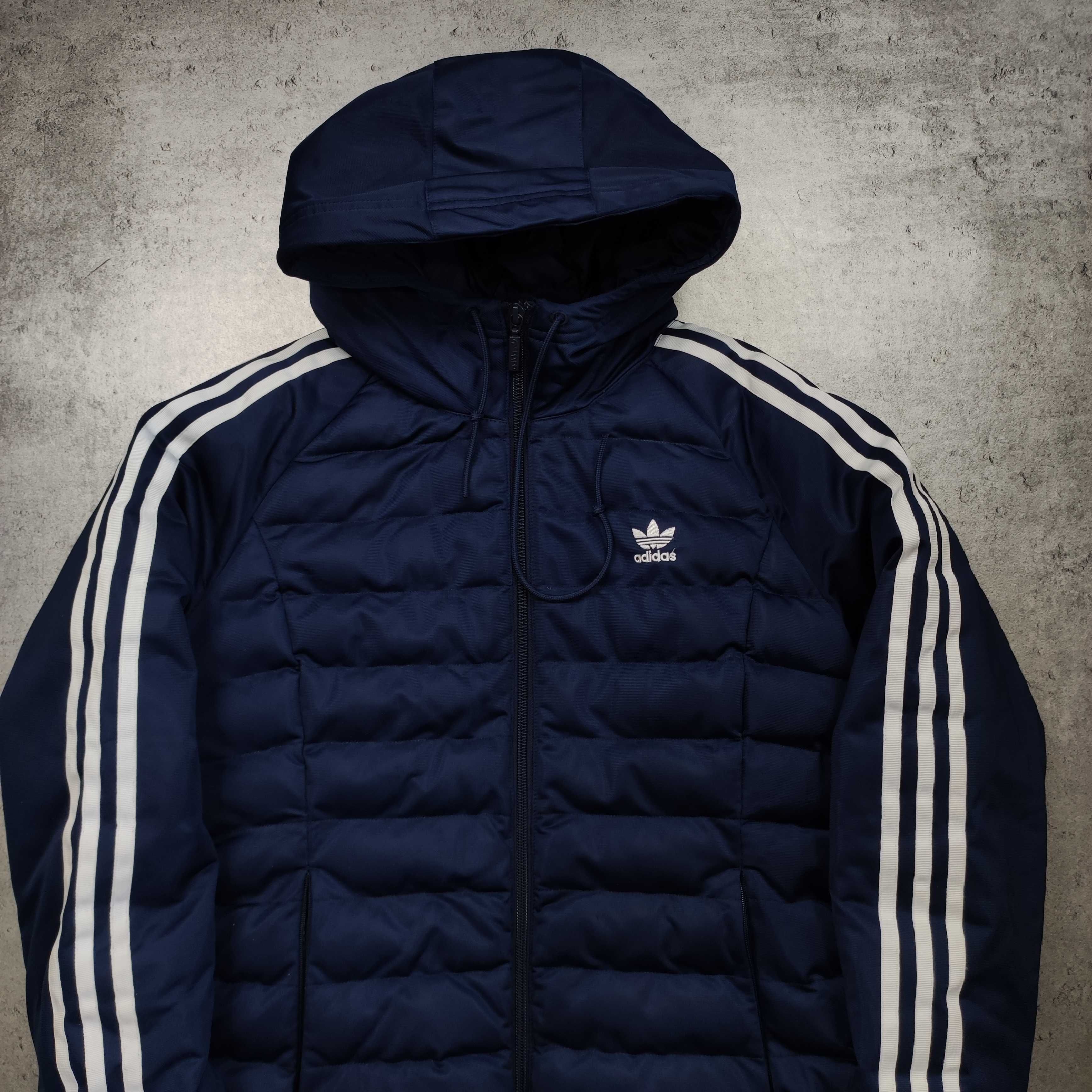 DAMSKA Kurtka ADIDAS Granatowa Ciepła PUFFER 3 Paski ORIGINALS Logo