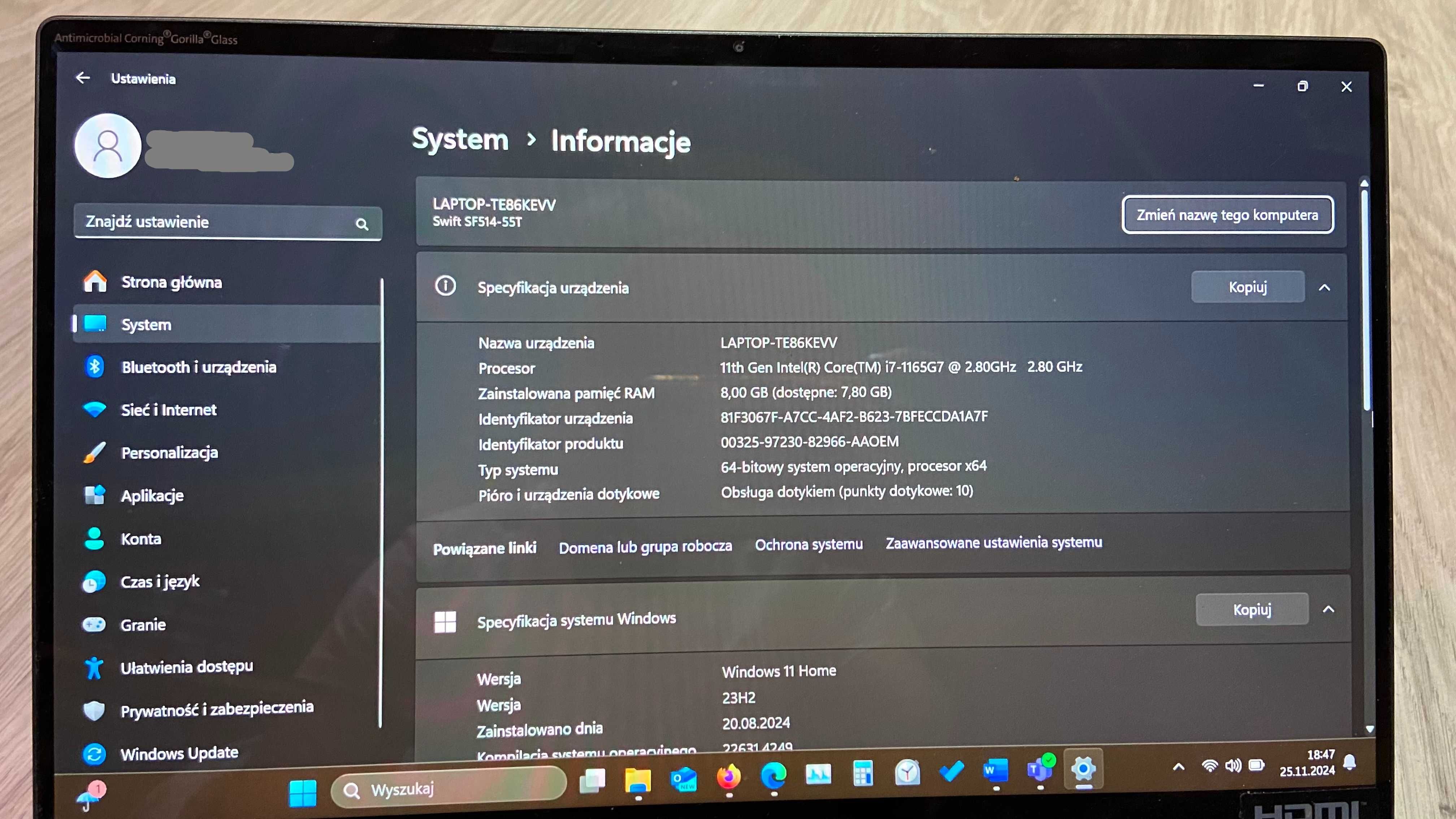 Laptop Acer Swift 14" dotykowy i7-1165G7 256GB RAM 8GB