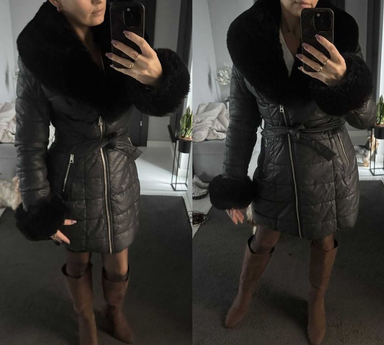 Czarna kurtka płaszcz eko skórka zimowa z futerkiem r.S