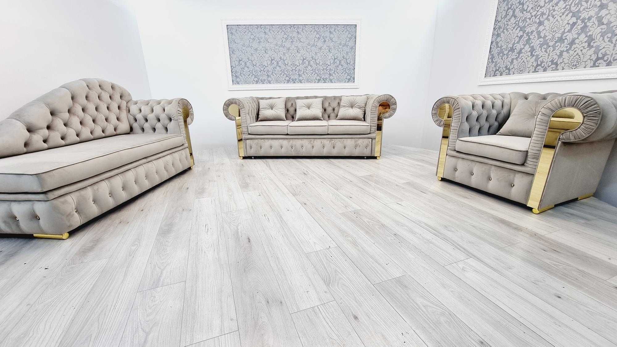 Zestaw pikowany chesterfield GLAMOUR 3os. + Szezlong + fotel PRODUCENT
