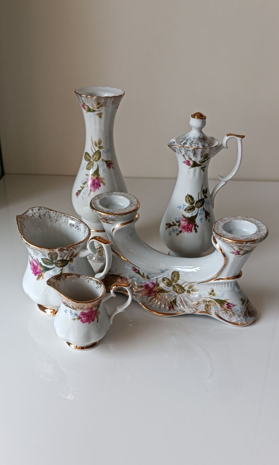 Nowa piękna porcelana Chodzież Róża Iwona złota 5szt świecznik dzbanki