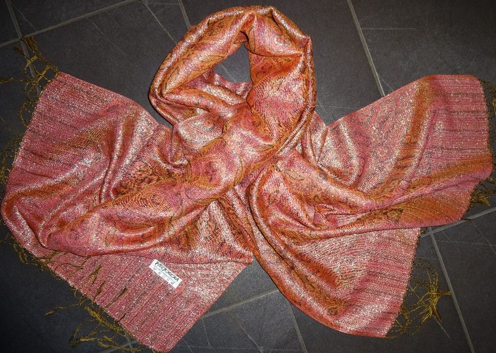 55% PASHMINA i 45% SILK kaszmirowy szalik szal duży róż srebrna nitka