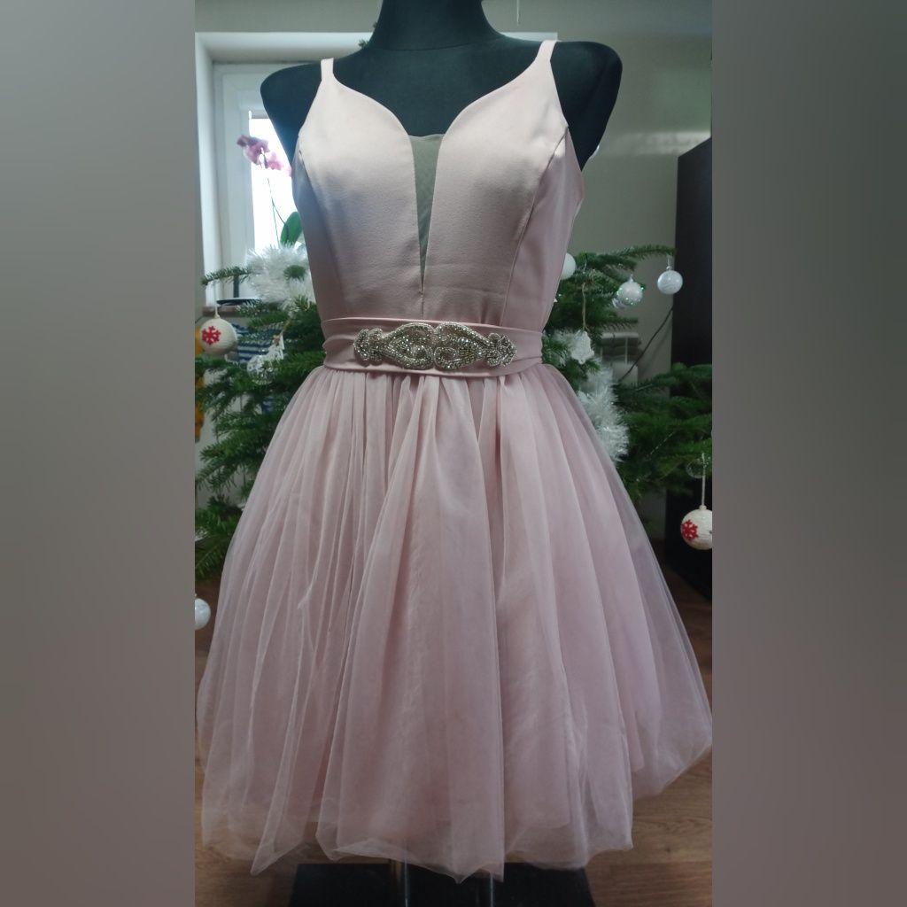 sukienka nina mini tiulowa z ozdobnym paskiem różowa