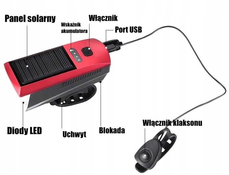 Lampka Rowerowa LED Solarna Powerbank USB Klaksin