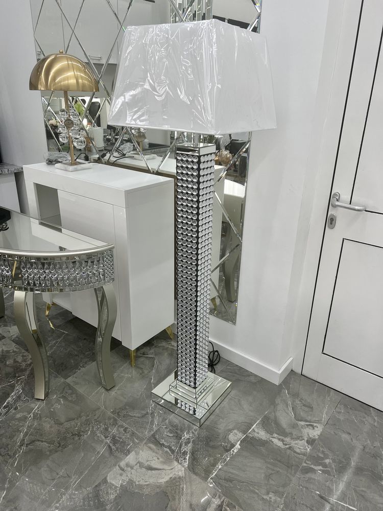 Lampa podłogowa Glamour stojąca lustrzana z kryształkami biała czarna