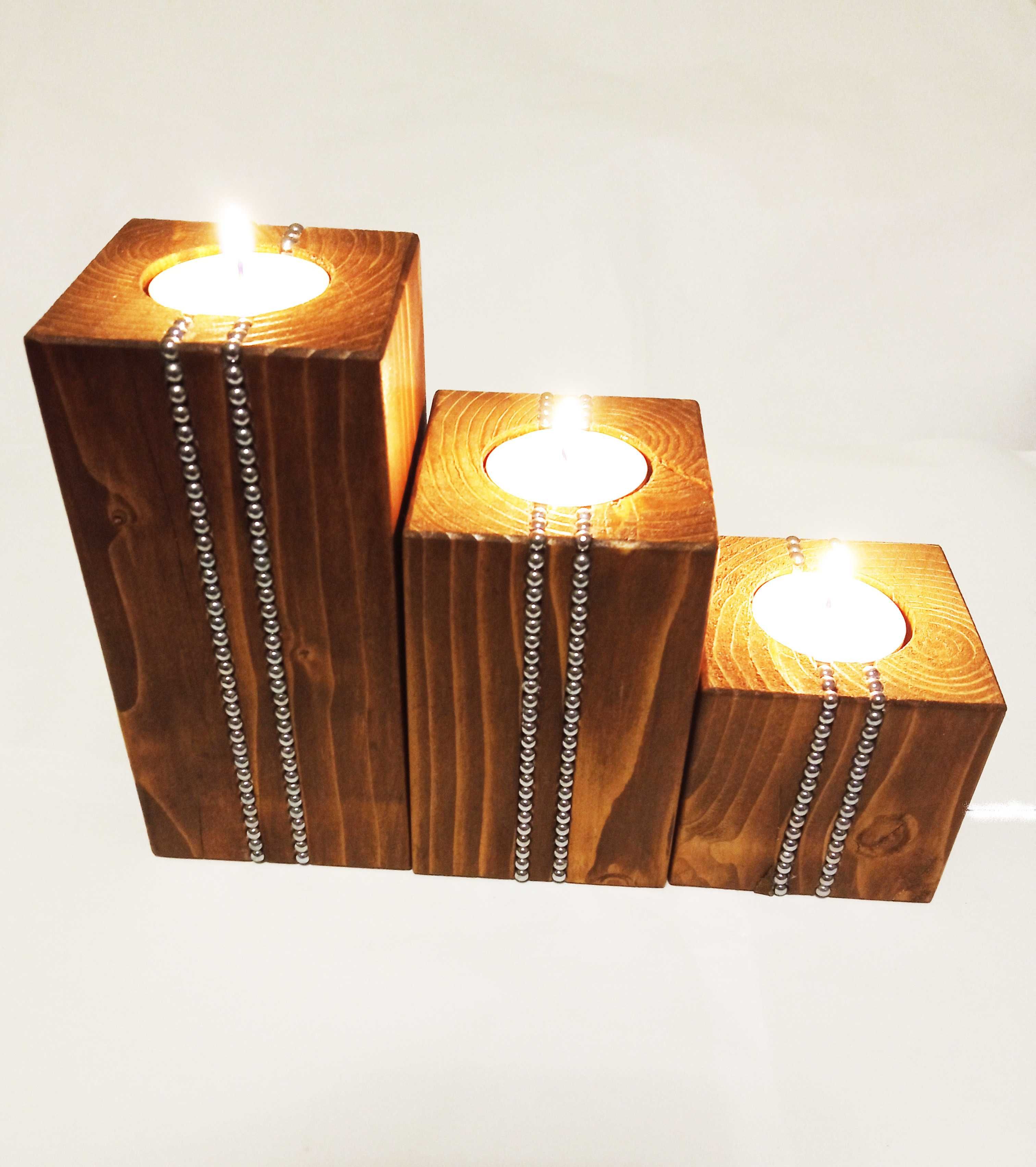 Świecznik drewniany zestaw 3szt. Handmade, tealight