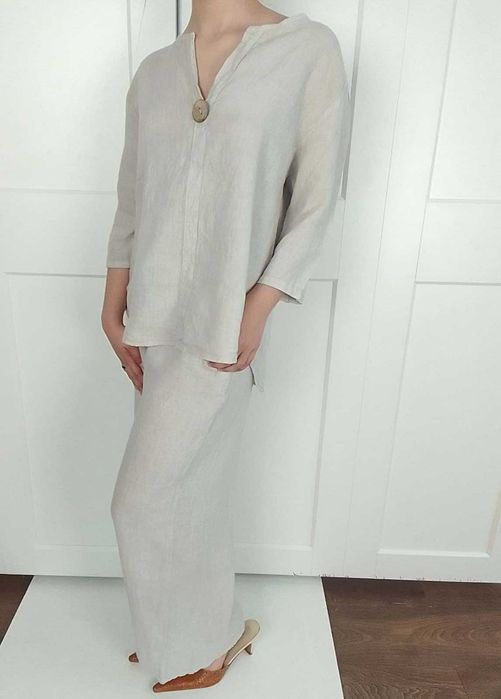 Nowy lniany komplet szerokie spodnie koszula 100% len S M L uniwersaln