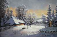 Obraz olejny na płótnie "Zima na wsi 2" 100x60 cm