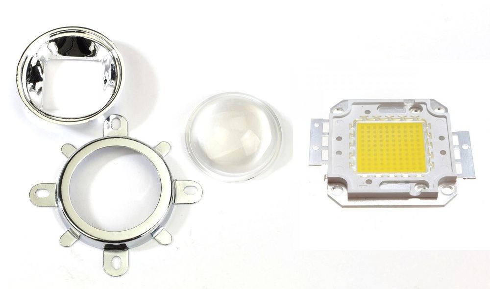 Линза, рефлектор, светодиод 100Ватт для фонарика или прожектора.