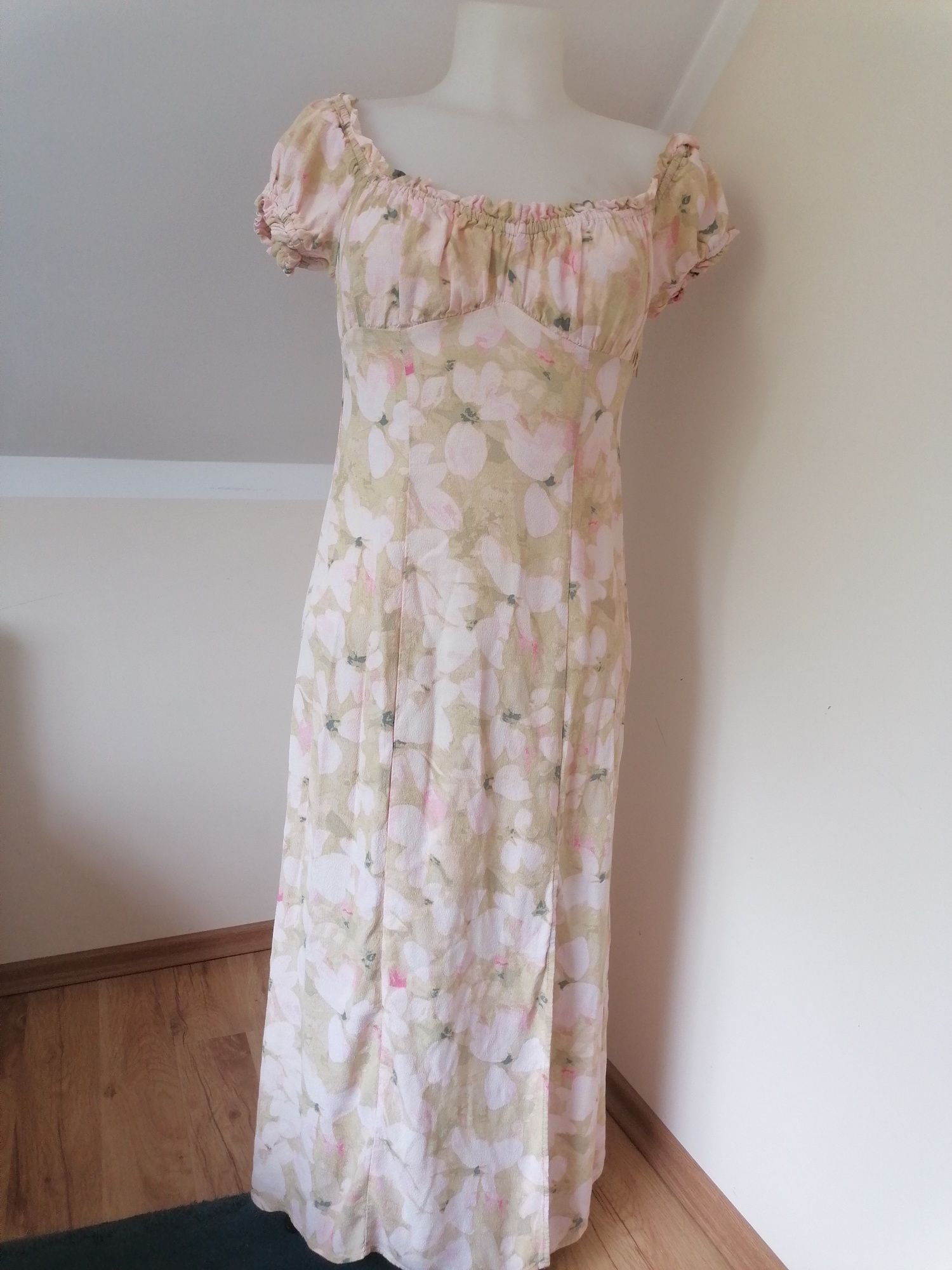 Nowa długa letnia tkaninowa sukienka midi H&M w kwiaty 38 M