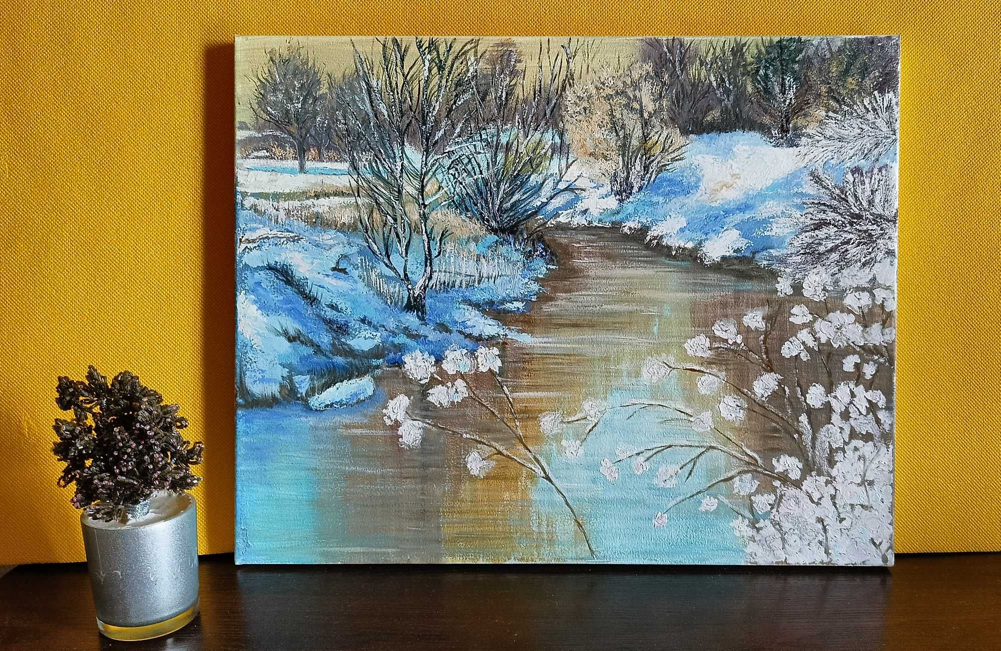 Картина маслом холст Река Зима Утро Снег Природа Пейзаж Интерьер