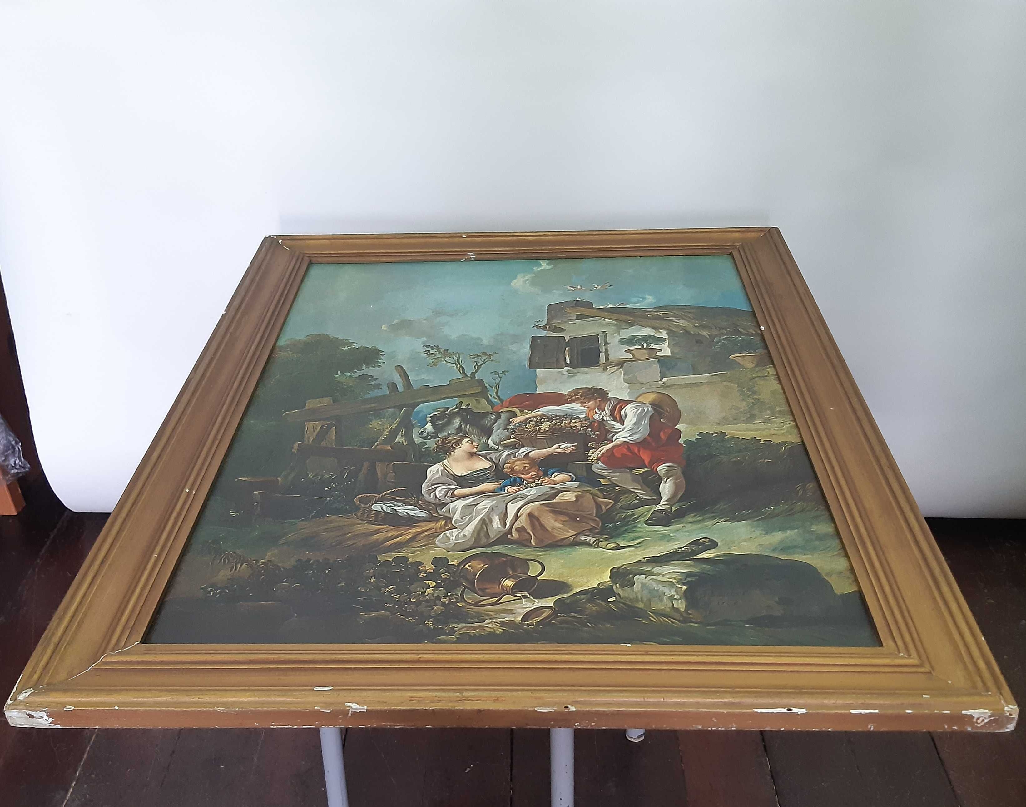 Retro Vintage Antigo Quadro 80x60cm Gravura Homem Oferece Uvas Boucher