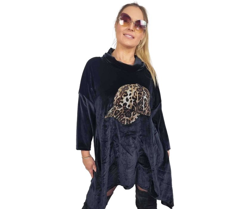Tunika damska Welurowa czarna sukienka elegancka PLUS SIZE asymetrycz