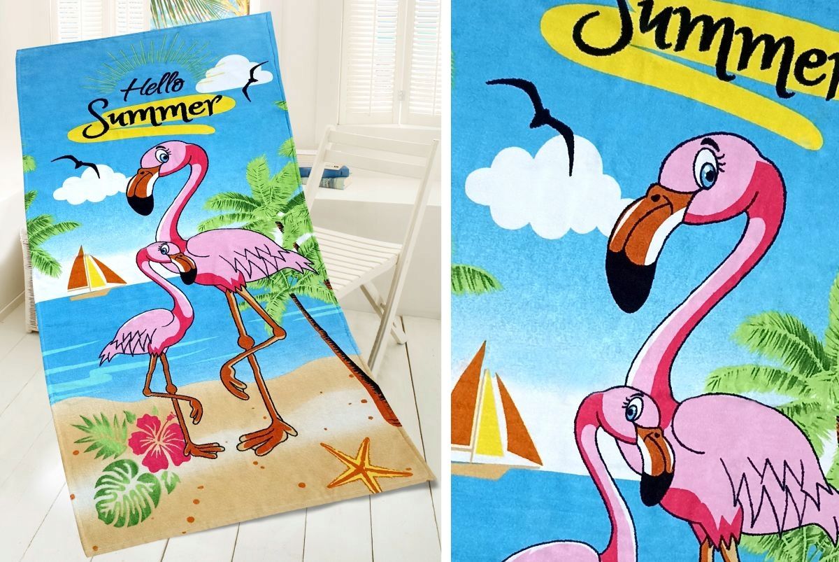 Ręcznik plażowy 75x150 Hello Summer flamingi niebi