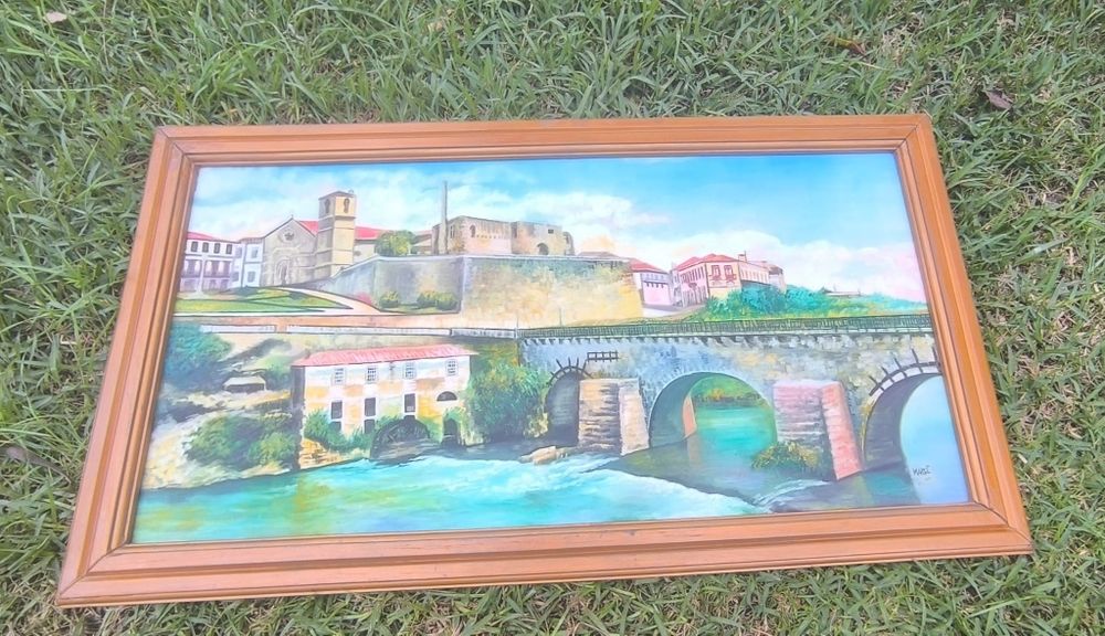 Belíssimo quadro pintura a óleo assinado com moldura em madeira dourad