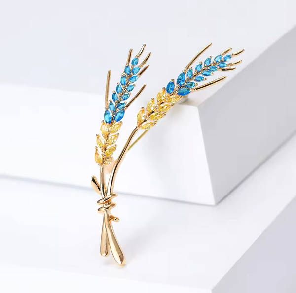 Брошка жіноча стильна Колоски Пшениці, синьо-жовта